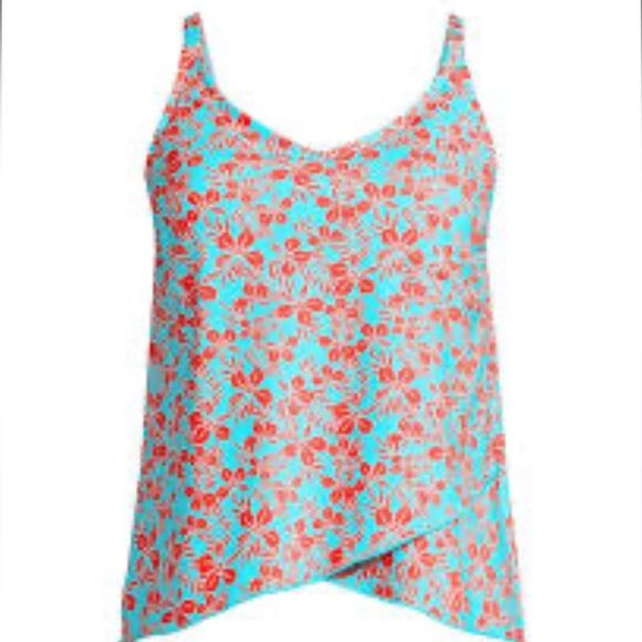Land’s End tulip hem tankini top  bathing suit soft cup river mist fern floral S - Picture 1 of 10